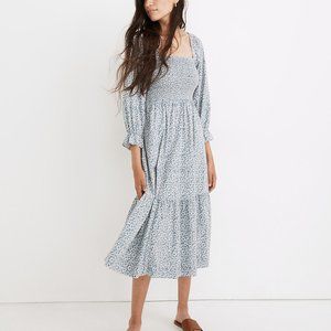 NWT Madewell Lucie Elbow-Sleeve Smocked Midi Dress in Sunflower Field